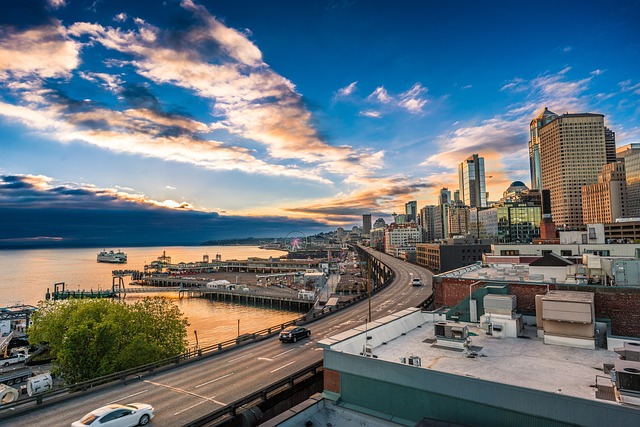 The marina in Seattle, Washington at sunset