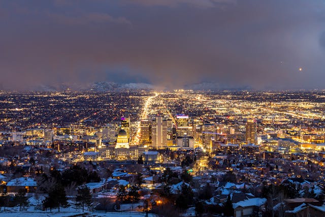 Aerial view of Salt Lake City, Utah at night