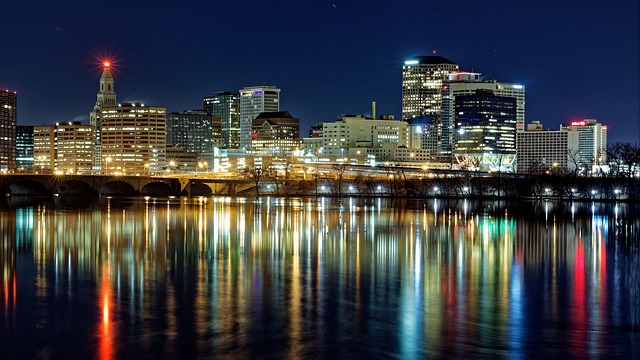 Hartford, Connecticut city view from the water at night