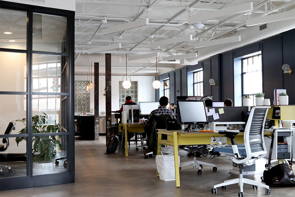 employees sitting at computers at work